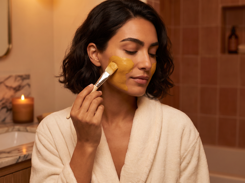 Aplicando la mascarilla de cúrcuma con brocha